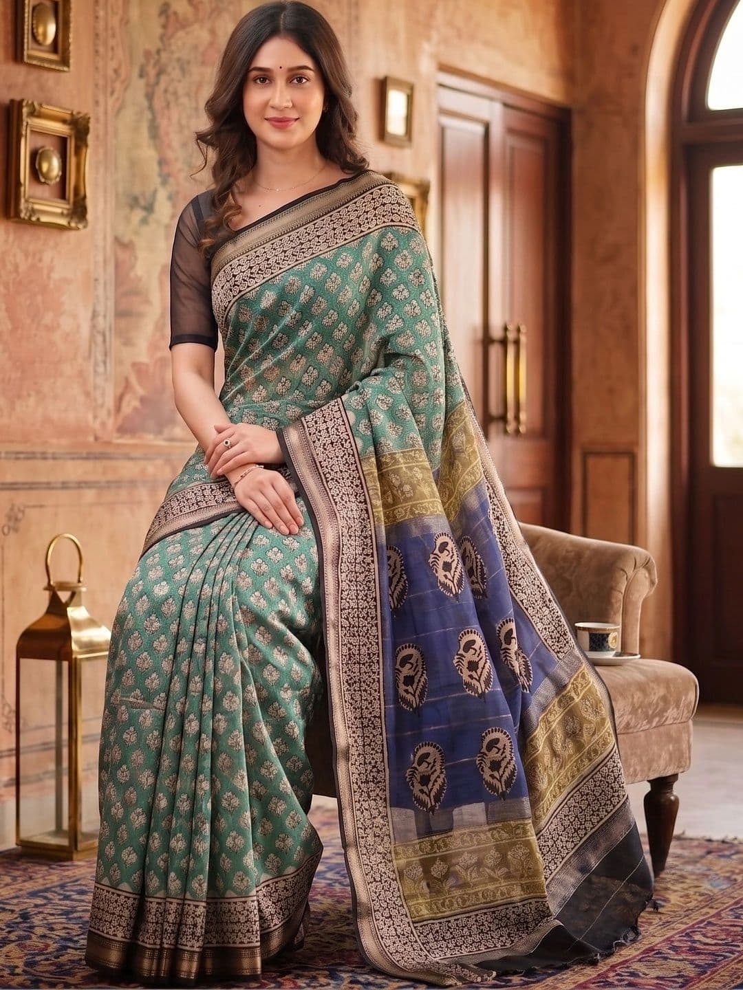 Narayan creations Woven Design Zari Linen Blend Saree thumbnail 3