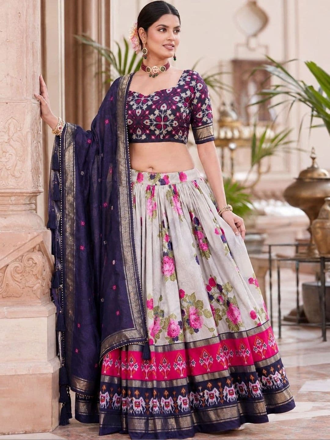 House of Pataudi Printed Semi-Stitched Lehenga & Unstitched Blouse Taping - view 1