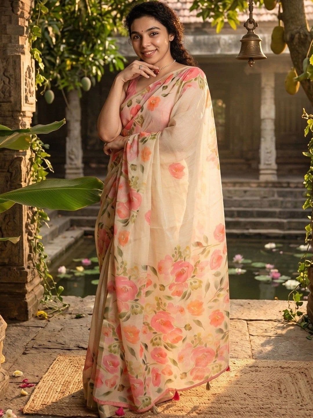 AwadhiCraft Floral Zari Linen Blend Saree thumbnail 3