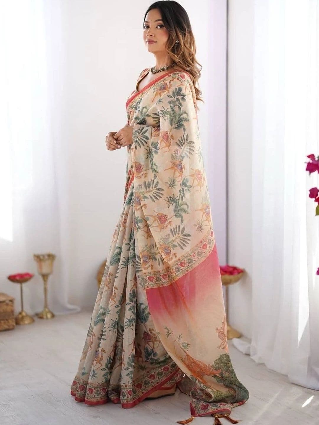 ADR CHIKANKARI Woven Design Zari Linen Blend Saree thumbnail 2