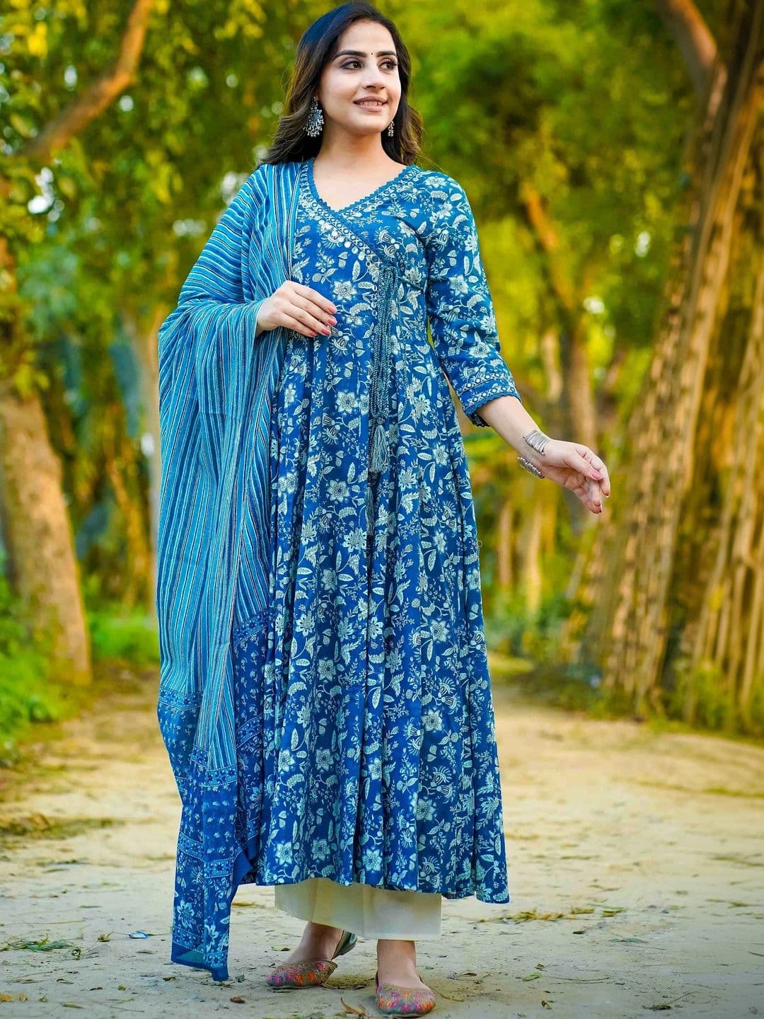 Sangria Women Floral Printed Angrakha Mirror Work Pure Cotton Kurta with Trousers & With Dupatta thumbnail 5