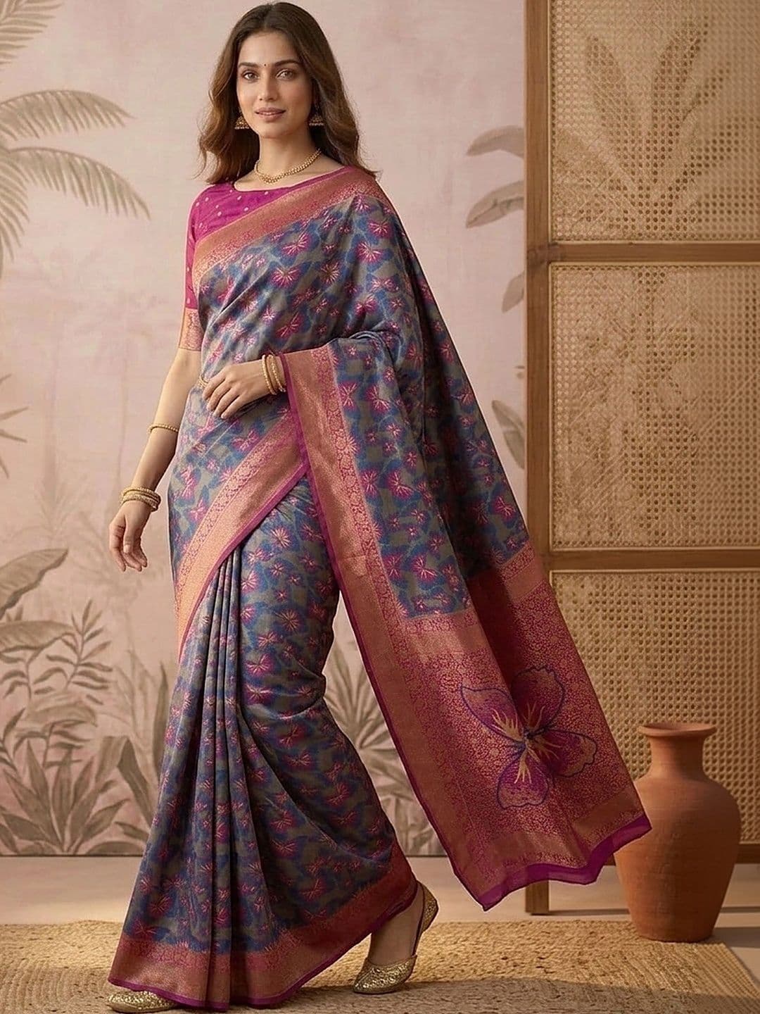 Sangria Women Floral Woven Design Zari Saree - view 1
