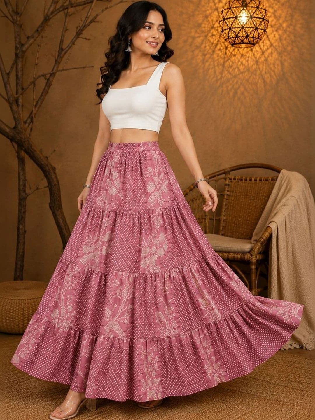 House of Sakhhi Women Pure Cotton Blend Floral Tiered Maxi Flared Skirt thumbnail 4