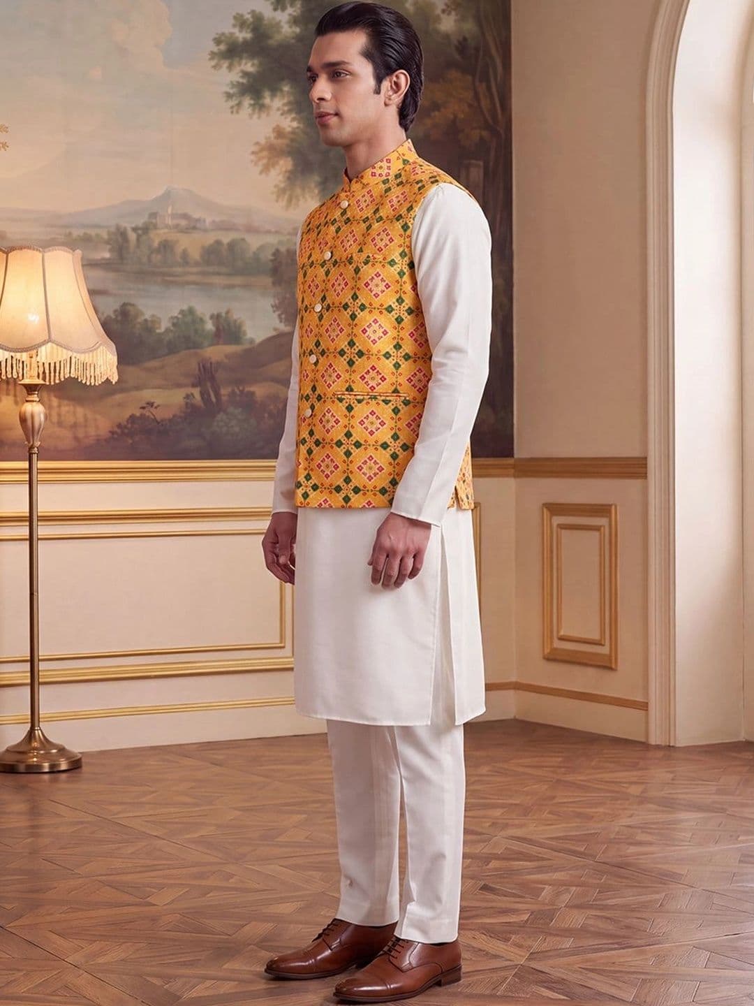 House of Pataudi Patola Printed Mandarin Collar Koti thumbnail 3