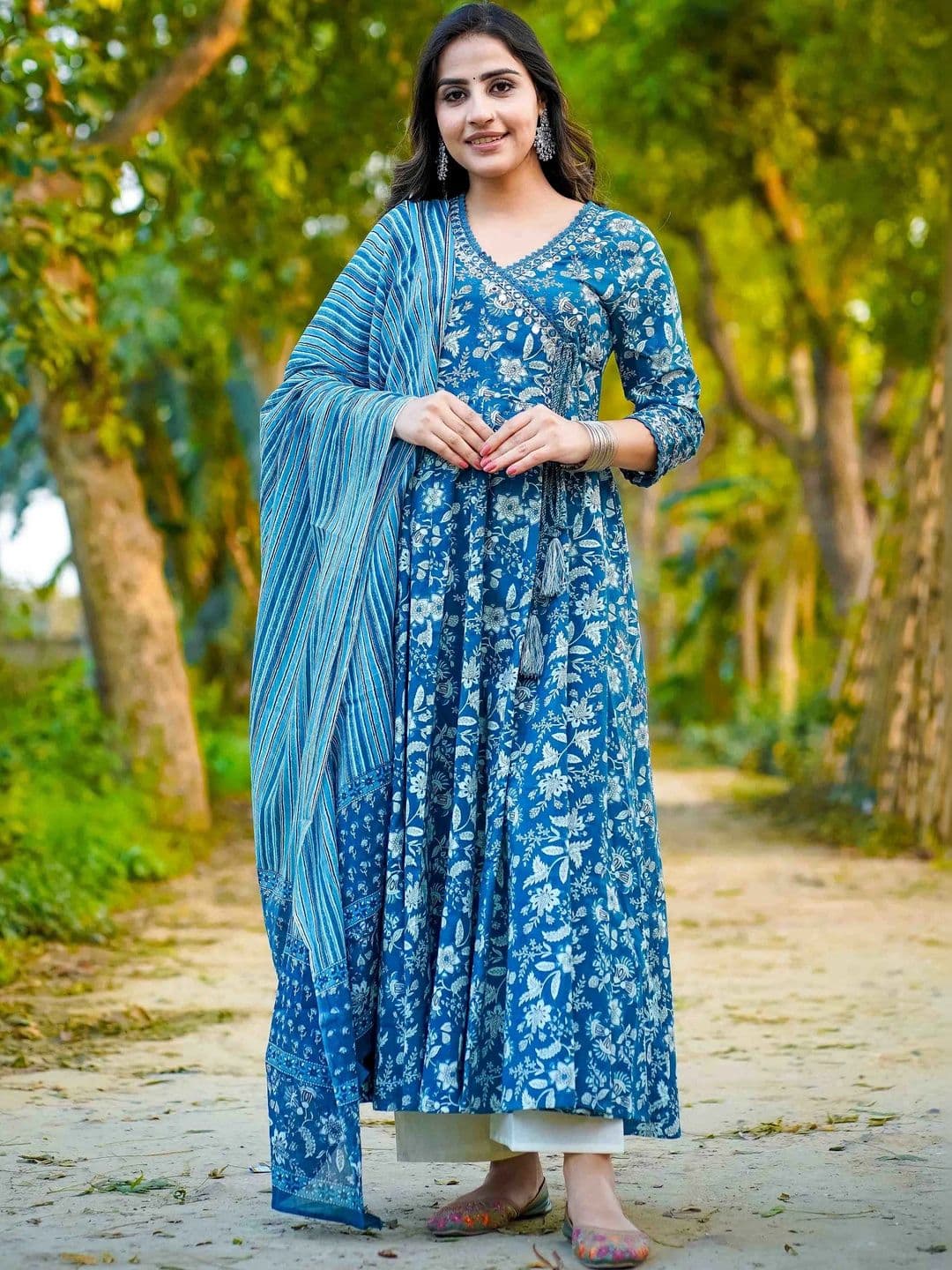 Sangria Women Floral Printed Angrakha Mirror Work Pure Cotton Kurta with Trousers & With Dupatta - view 1
