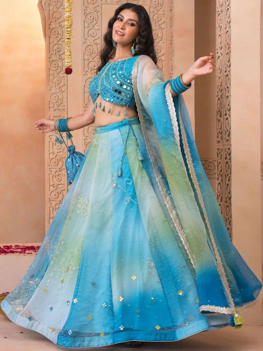 JIVANIS Embellished Mirror Work Ready to Wear Lehenga & Blouse With Dupatta thumbnail 3