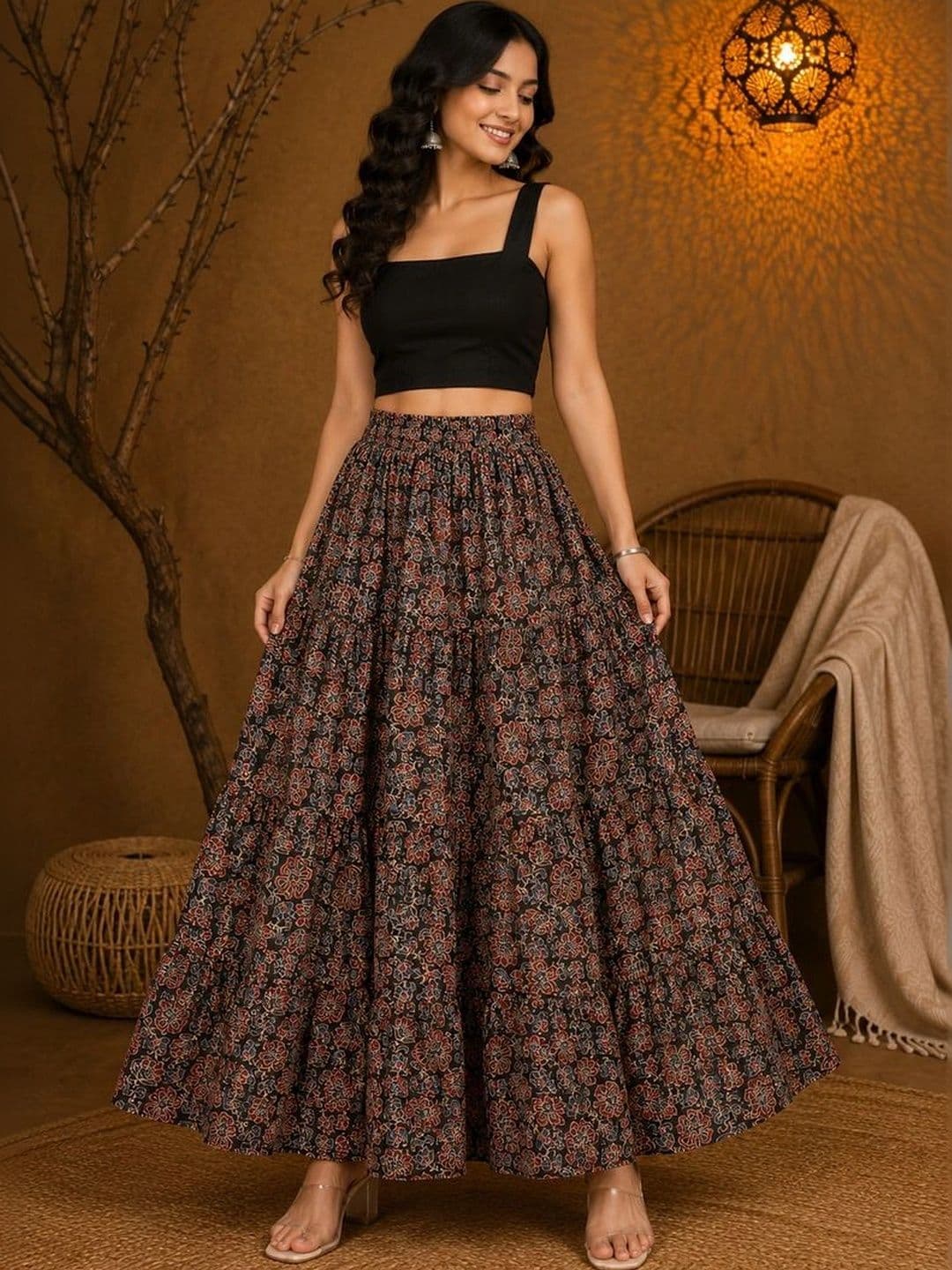 House of Sakhhi Women Pure Cotton Blend Floral Maxi Flared Skirt - view 1