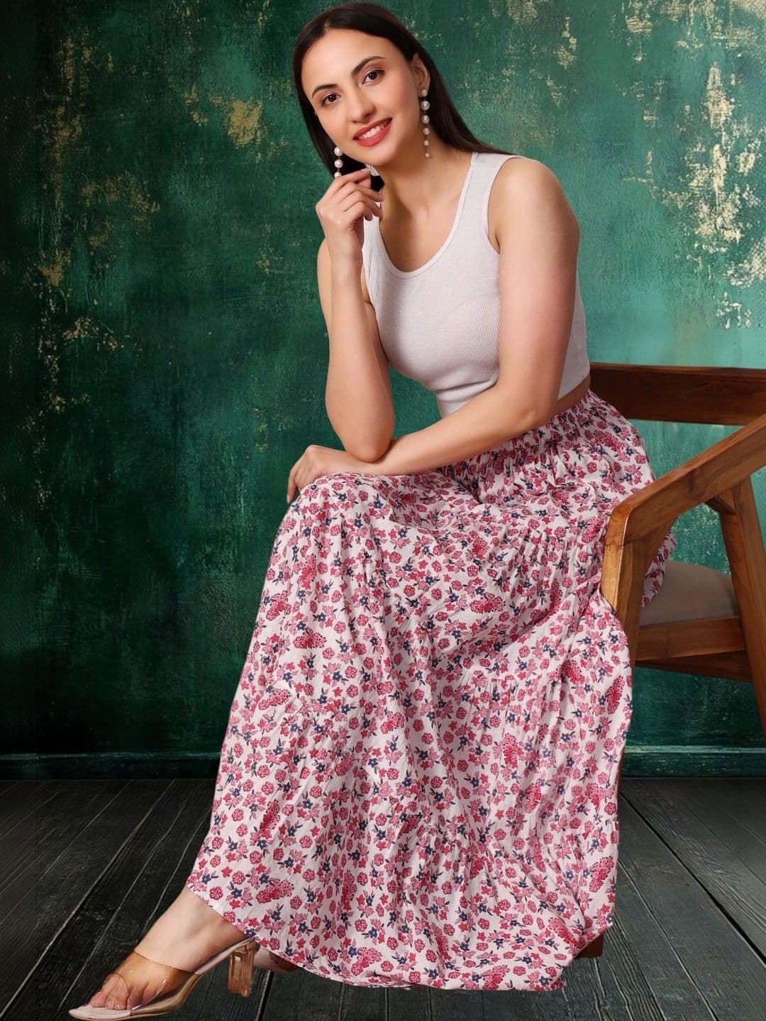 House of Sakhhi Women Pure Cotton Blend Floral Maxi Flared Skirt thumbnail 5