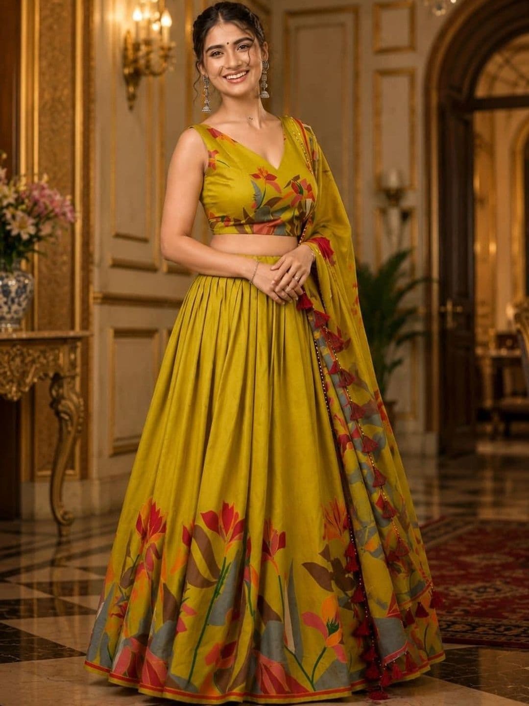 House of Pataudi Printed Semi-Stitched Lehenga & Unstitched Blouse Taping thumbnail 3