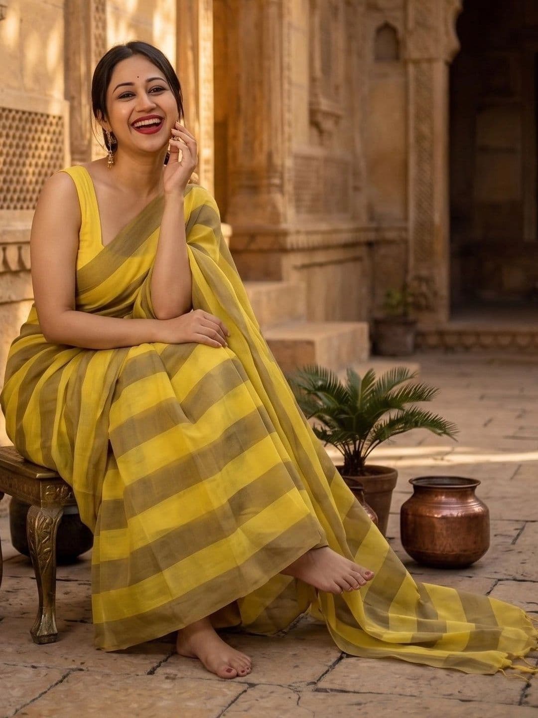 Bhagirath Fashion Striped Zari Linen Blend Saree thumbnail 2