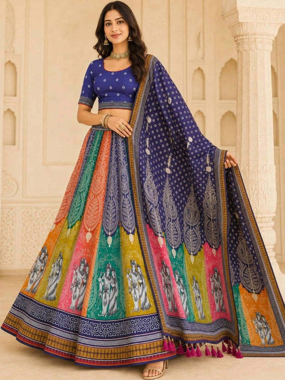 KAHIRAA WHOLETEX Printed Semi-Stitched Lehenga & Unstitched Blouse With Dupatta thumbnail 6