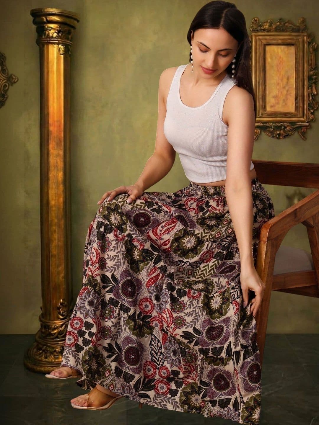 House of Sakhhi Women Pure Cotton Blend Floral Maxi Flared Skirt thumbnail 3