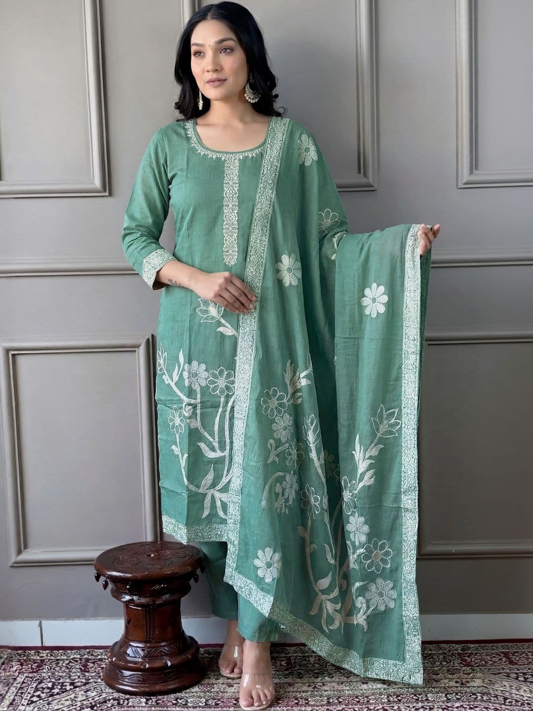 ANKHIR ERA Women Floral Embroidered Regular Thread Work Kurta with Trousers & With Dupatta - view 1