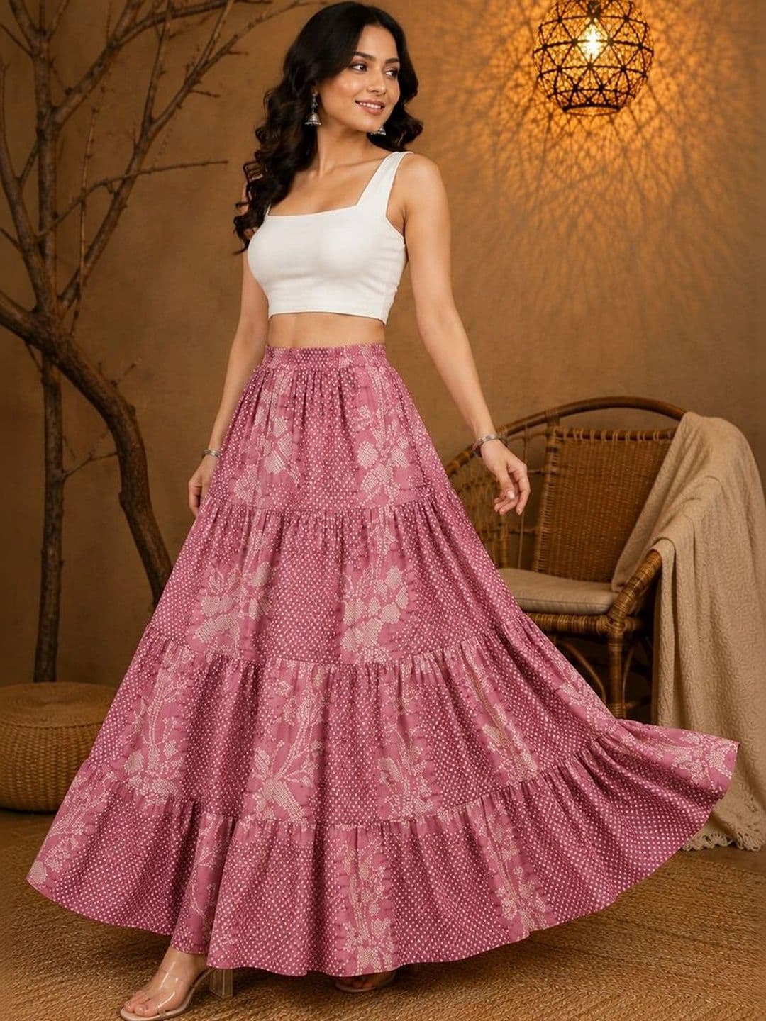 House of Sakhhi Women Pure Cotton Blend Floral Tiered Maxi Tiered Skirt thumbnail 5