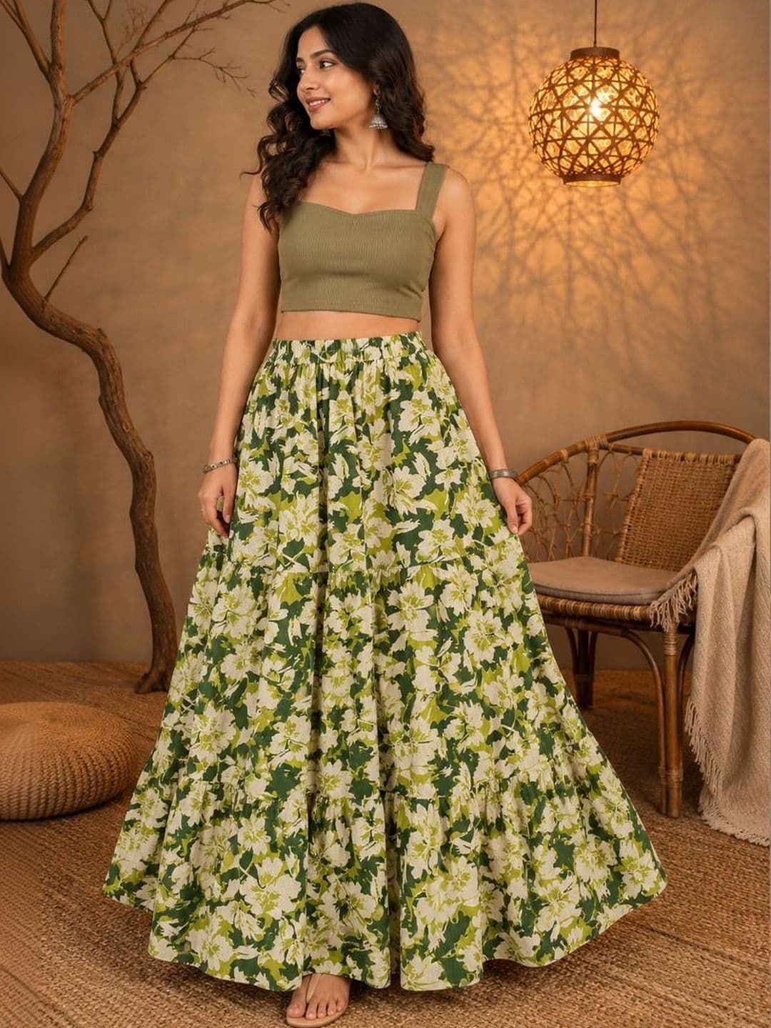 House of Sakhhi Women Pure Cotton Blend Floral Maxi Flared Skirt thumbnail 4