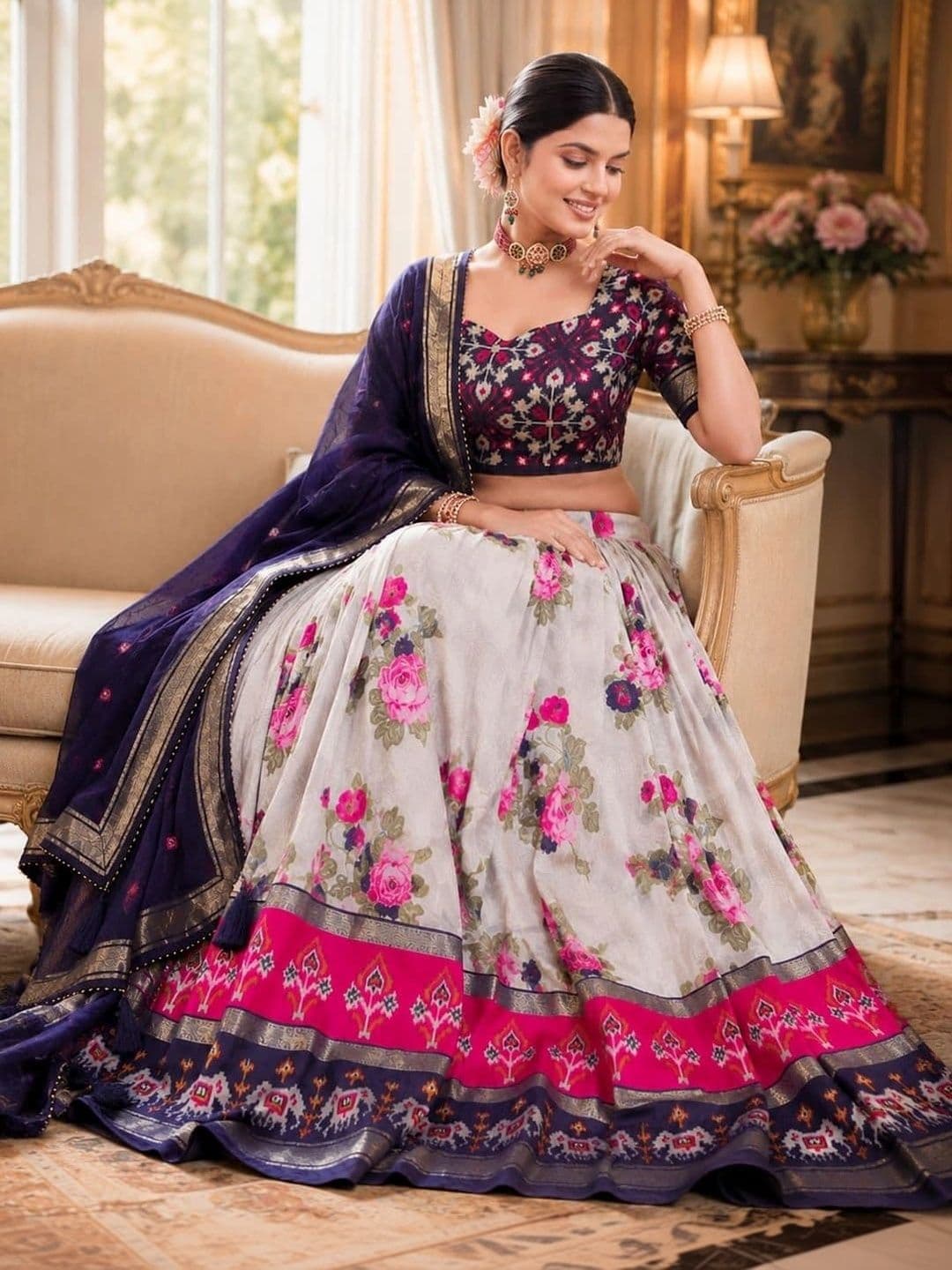 House of Pataudi Printed Semi-Stitched Lehenga & Unstitched Blouse Taping thumbnail 5