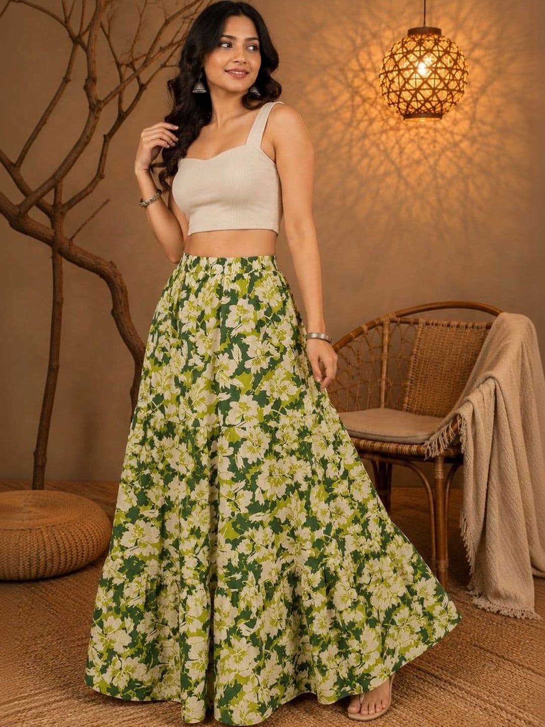House of Sakhhi Women Pure Cotton Blend Floral Maxi Flared Skirt thumbnail 3