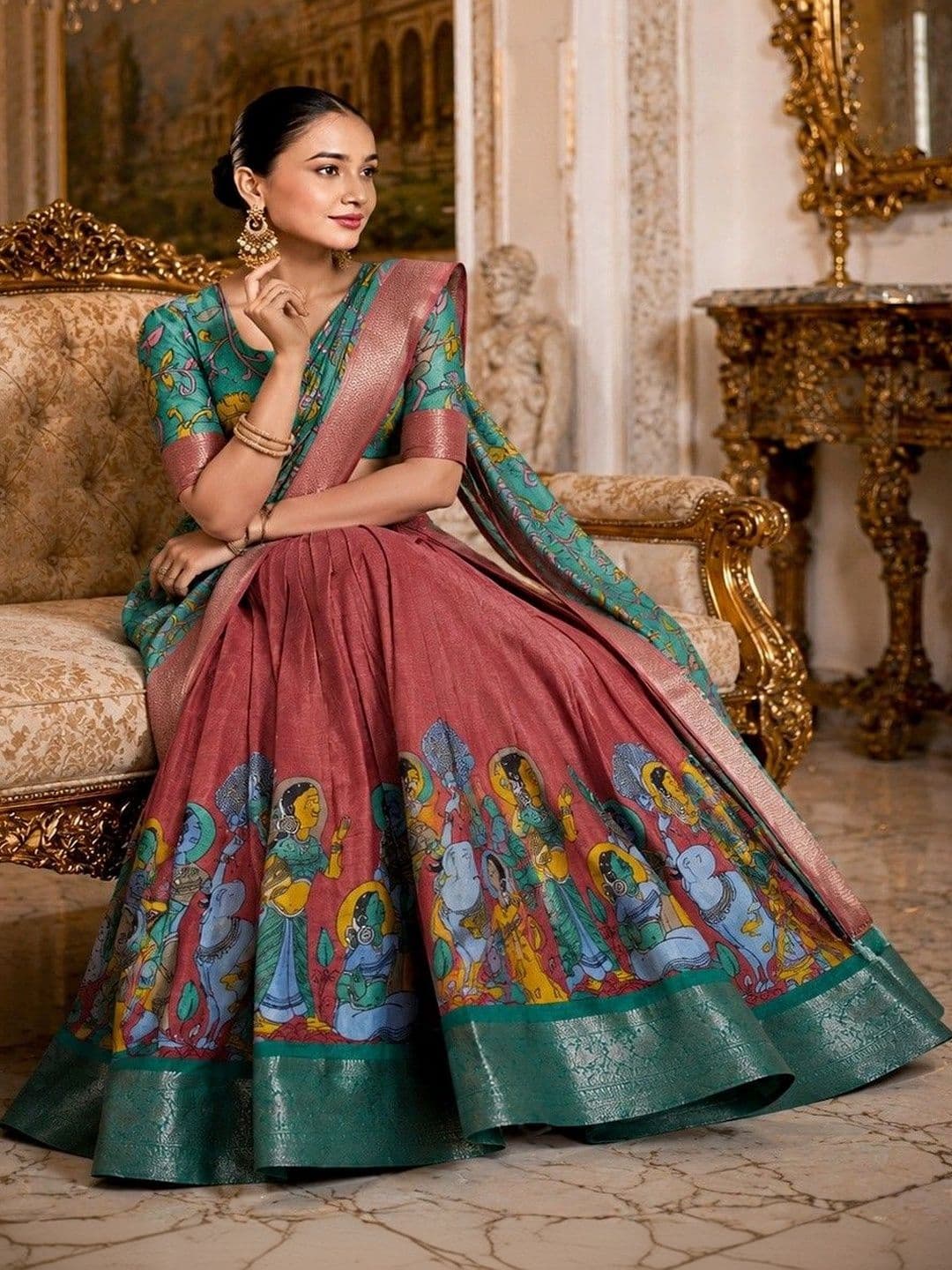 House of Pataudi Printed women  Semi-Stitched Lehenga & Unstitched Blouse Taping thumbnail 4