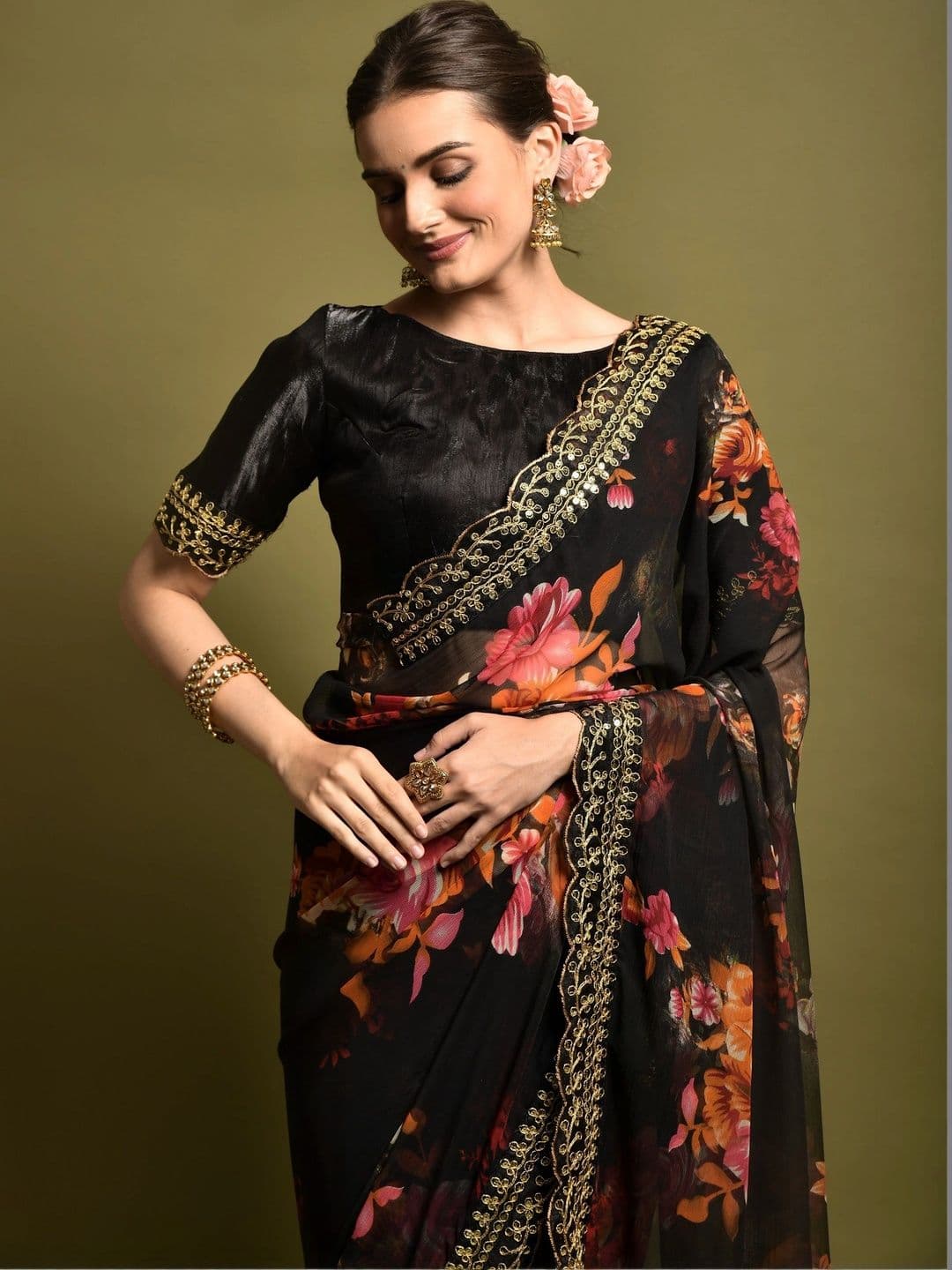 KALINI Floral Embroidered Pure Chiffon Saree thumbnail 4
