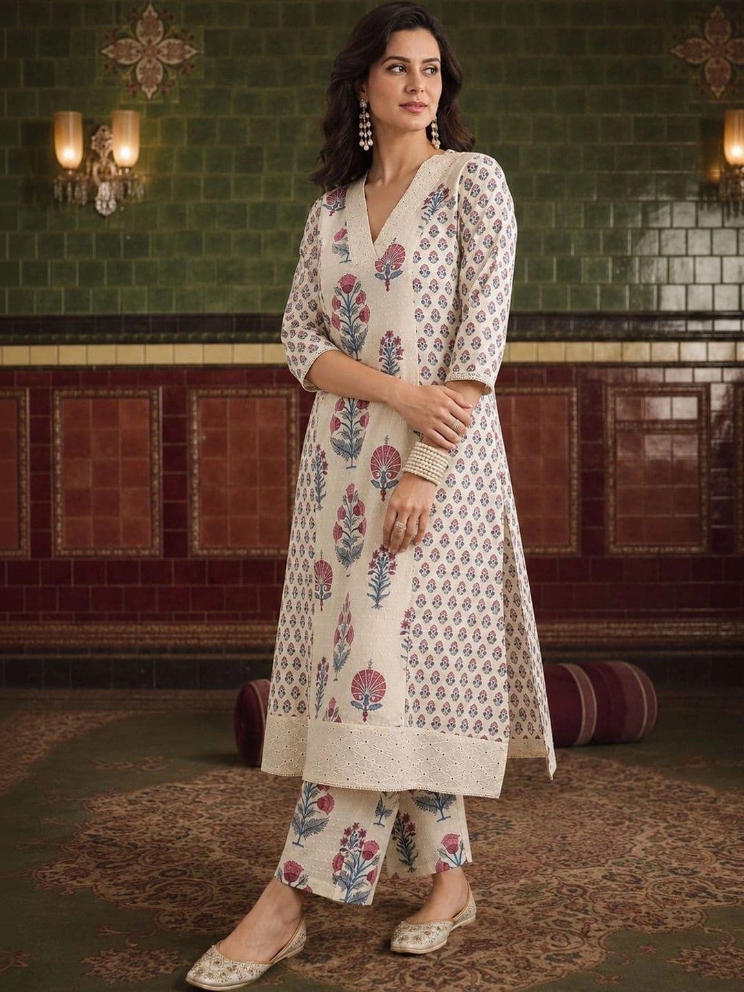 House of Pataudi Women Ethnic Motifs Printed Regular Pure Cotton Kurta with Palazzos thumbnail 6