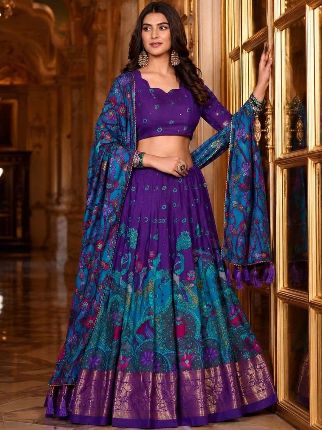 House of Pataudi Embellished Semi-Stitched Lehenga & Unstitched Blouse Tassels - view 1