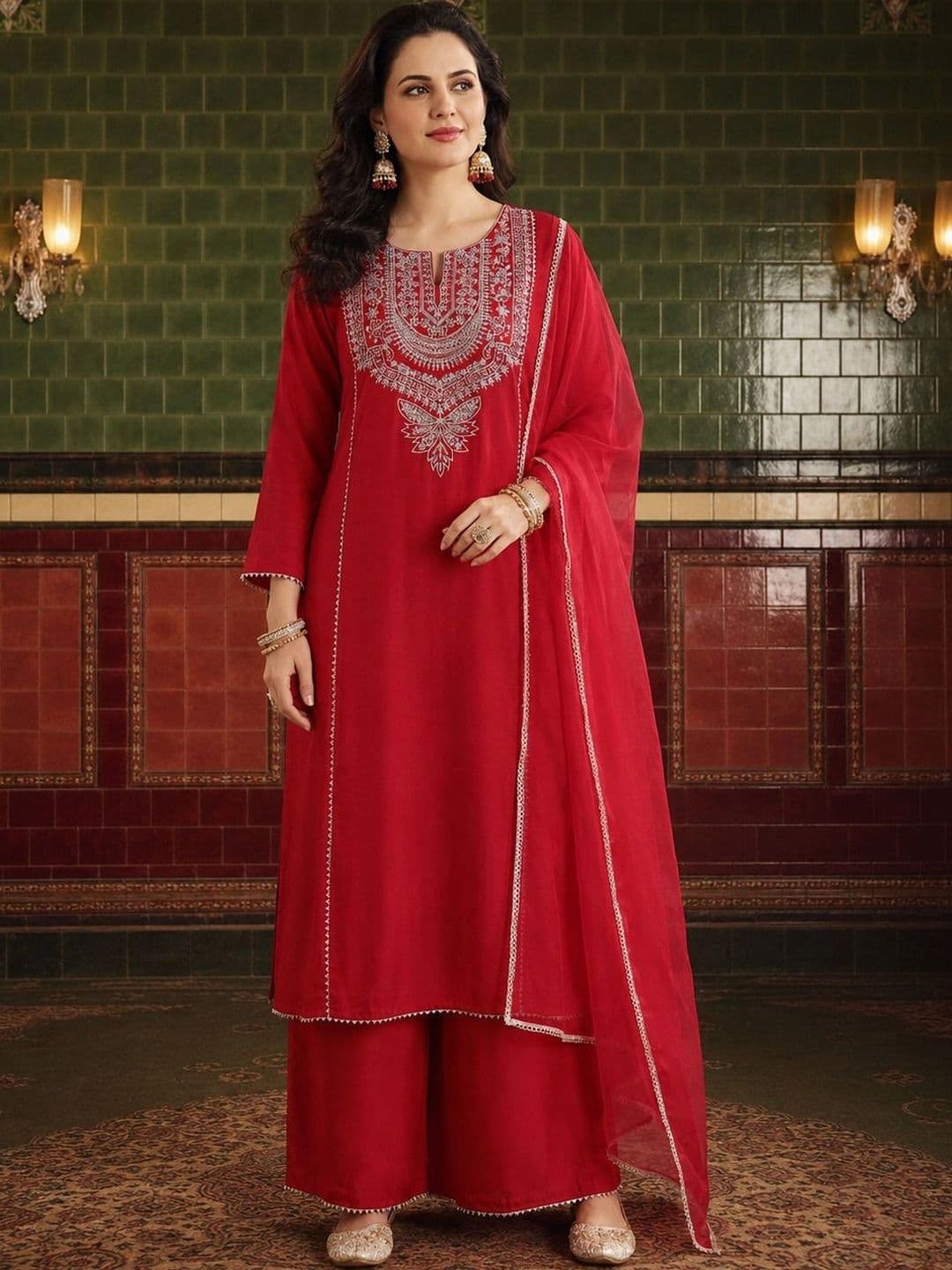 House of Pataudi Women Ethnic Motifs Embroidered Regular Thread Work Kurta with Palazzos & With Dupatta thumbnail 3