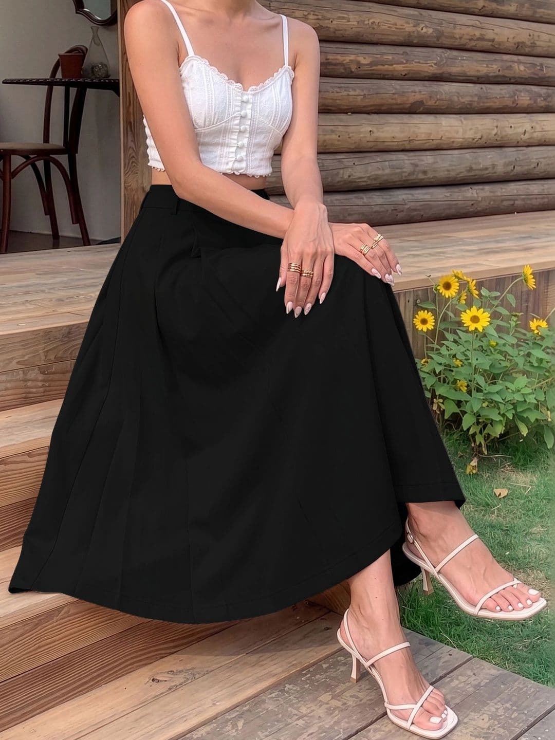 MULVARI Women Cotton Blend Midi Flared Skirt thumbnail 3