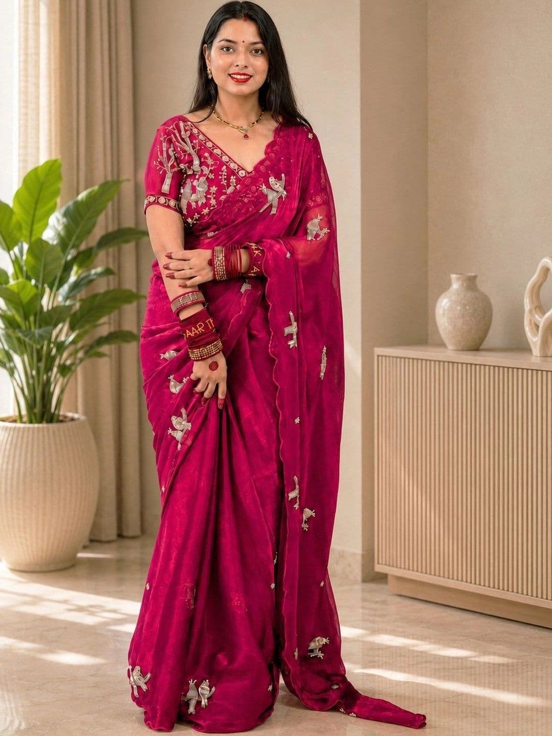 R K ENTERPRISE Embroidered Satin Saree - view 1
