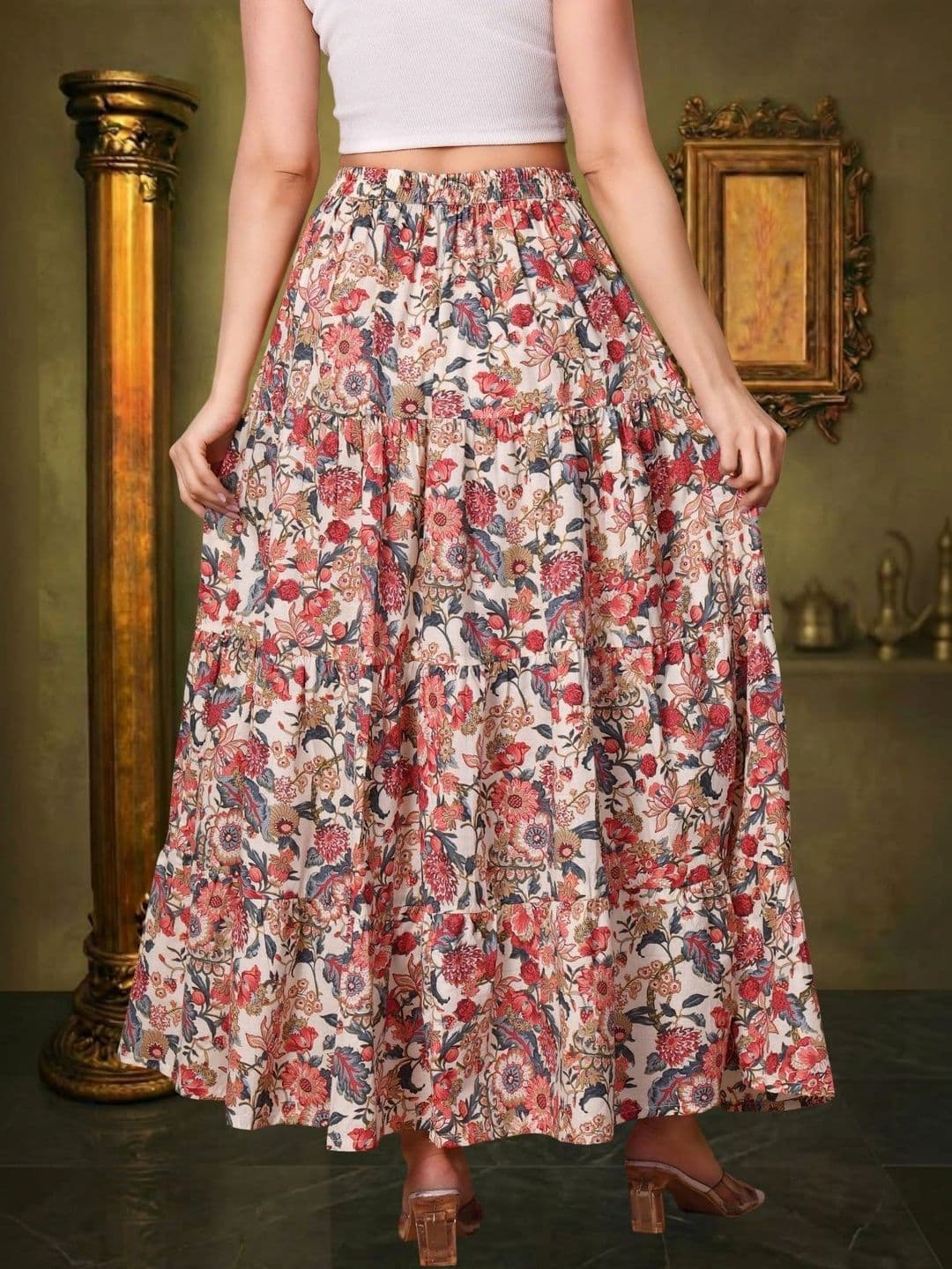 House of Sakhhi Women Pure Cotton Blend Floral Maxi Tiered Skirt thumbnail 4