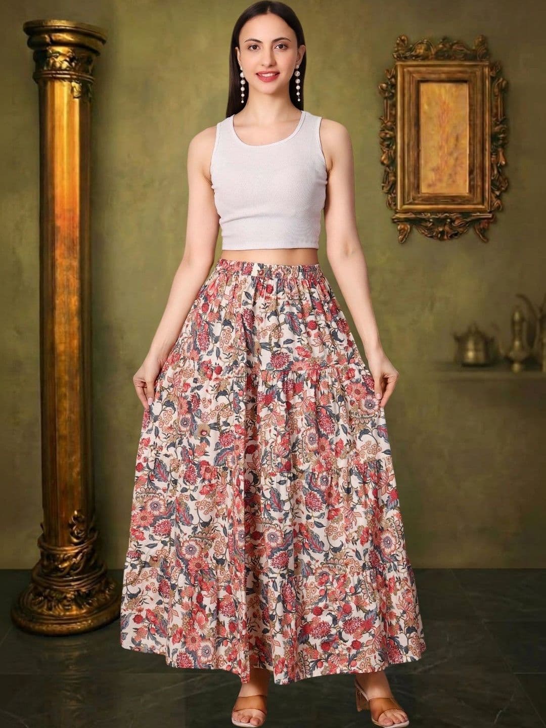 House of Sakhhi Women Pure Cotton Blend Floral Maxi Flared Skirt - view 1