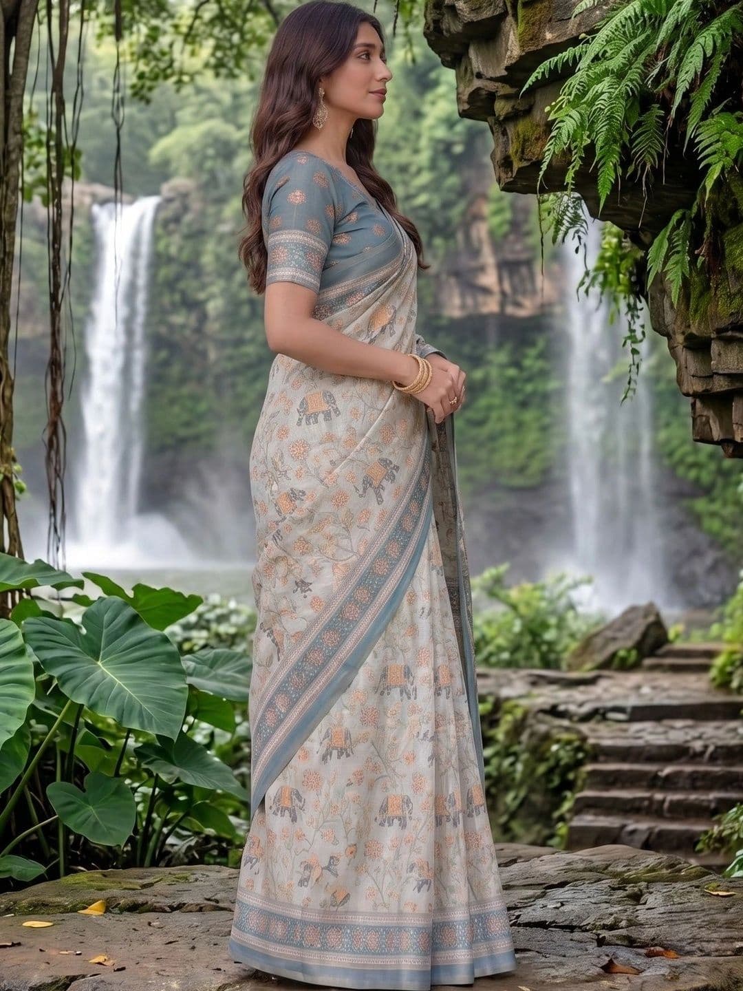 Eecoo Floral Zari Linen Blend Saree thumbnail 7