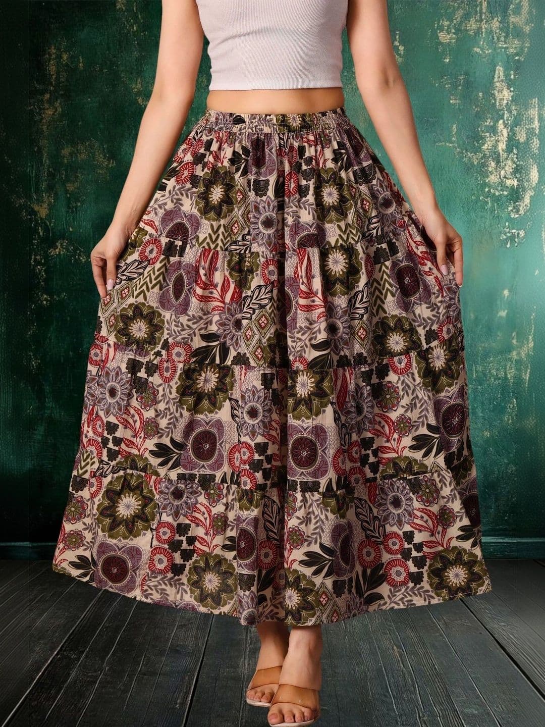 House of Sakhhi Women Pure Cotton Blend Floral Maxi Tiered Skirt thumbnail 4