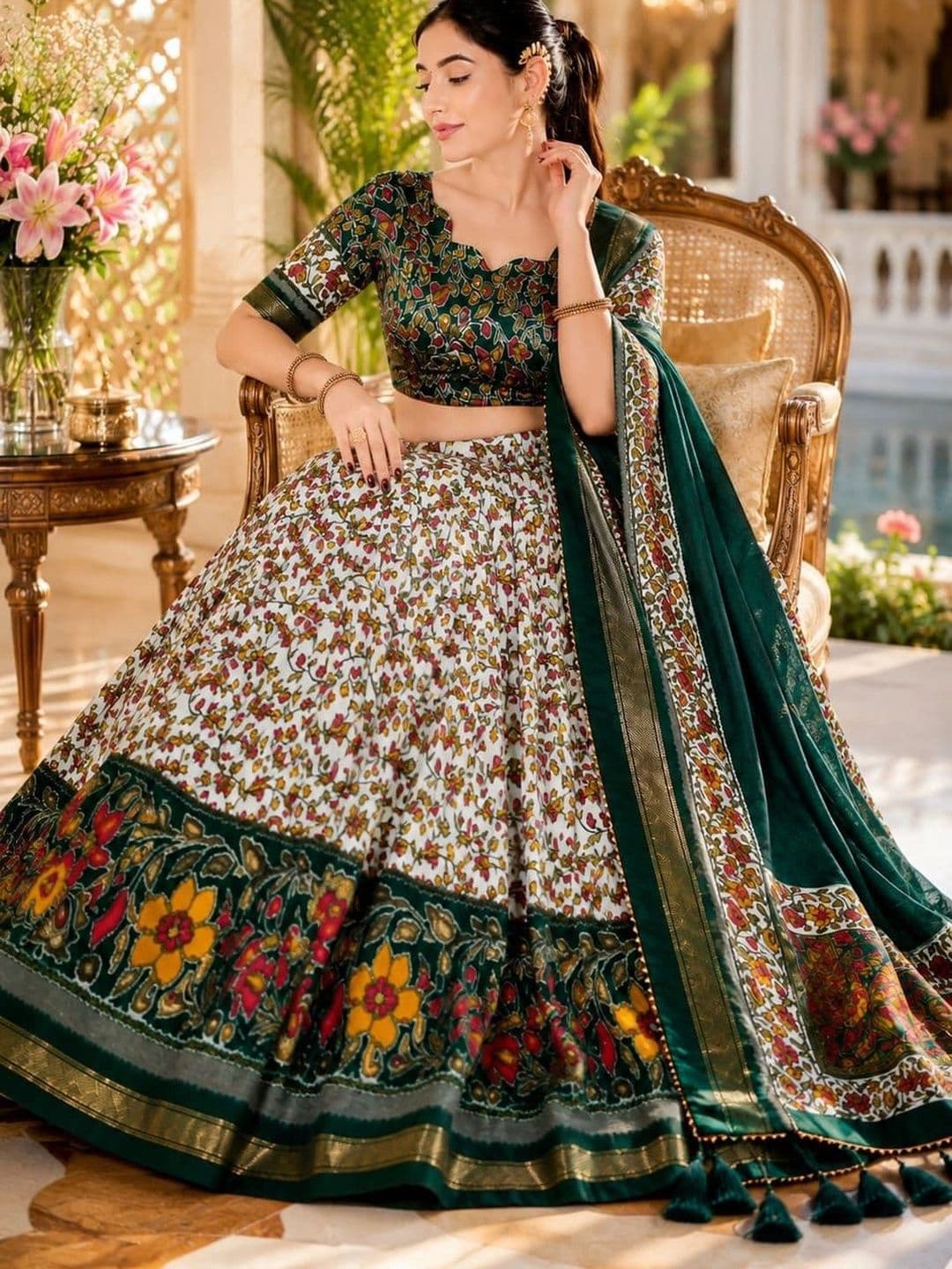House of Pataudi Women Printed Kalamkari Semi-Stitched Lehenga & Unstitched Blouse thumbnail 2