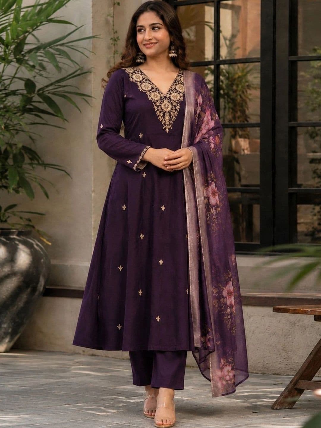 GoSriKi Women Floral Embroidered Regular Thread Work Kurta with Trousers & With Dupatta - view 1