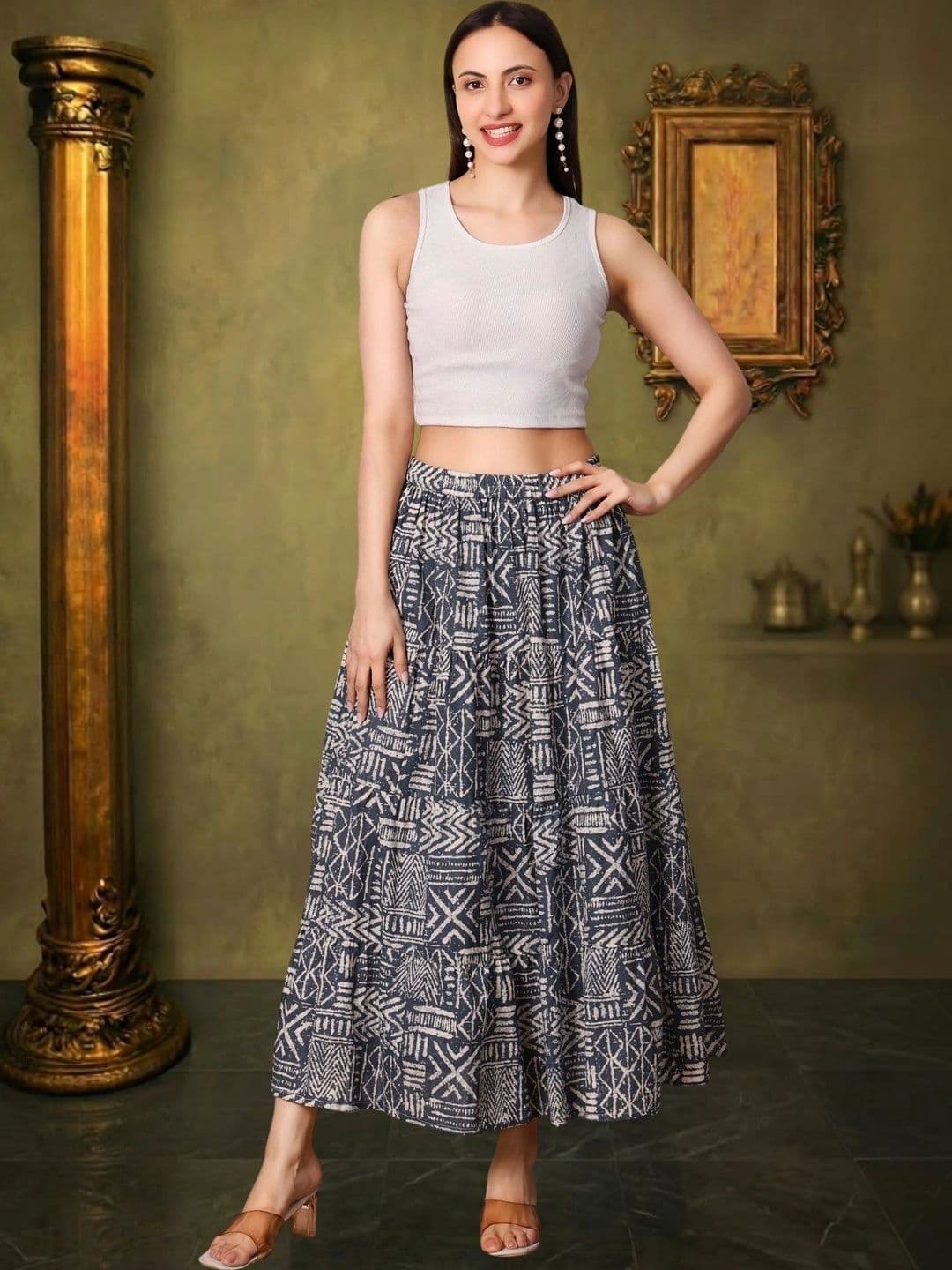 House of Sakhhi Women Pure Cotton Blend Abstract Maxi Flared Skirt thumbnail 5