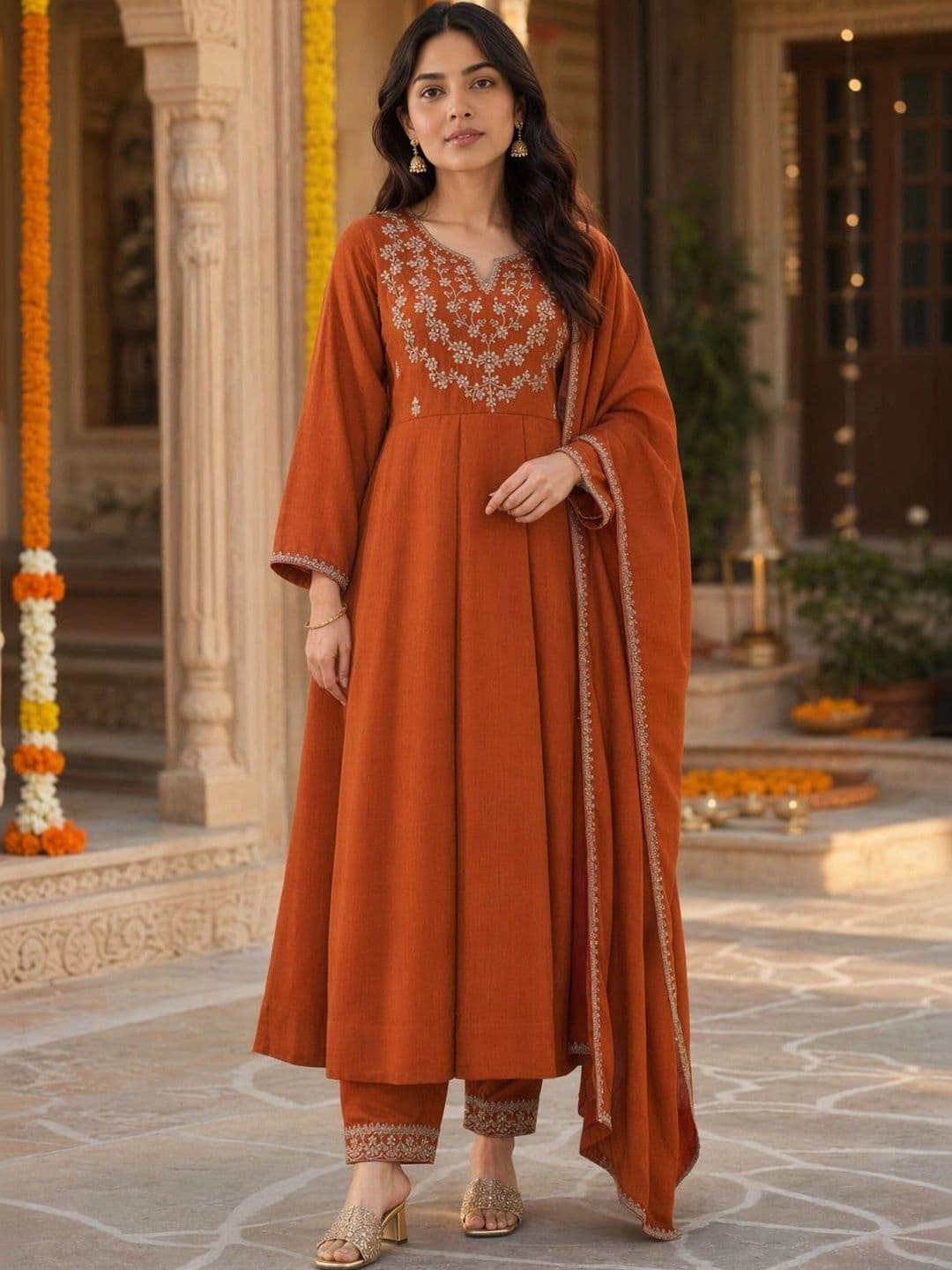 Sangria Women Ethnic Motifs Embroidered Empire Thread Work Kurta with Trousers & With Dupatta thumbnail 2