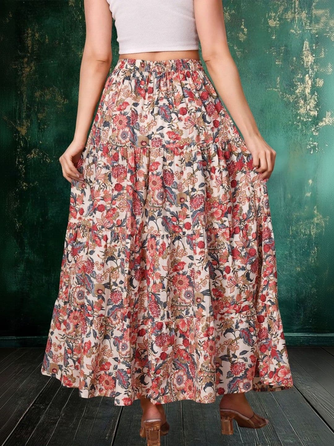 House of Sakhhi Women Pure Cotton Blend Floral Maxi Tiered Skirt thumbnail 4