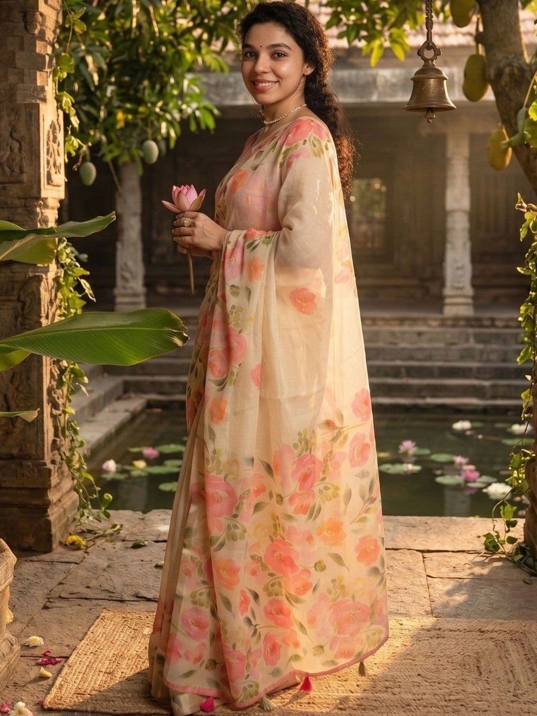 Zankhi Hosiery Floral Zari Linen Blend Saree thumbnail 4