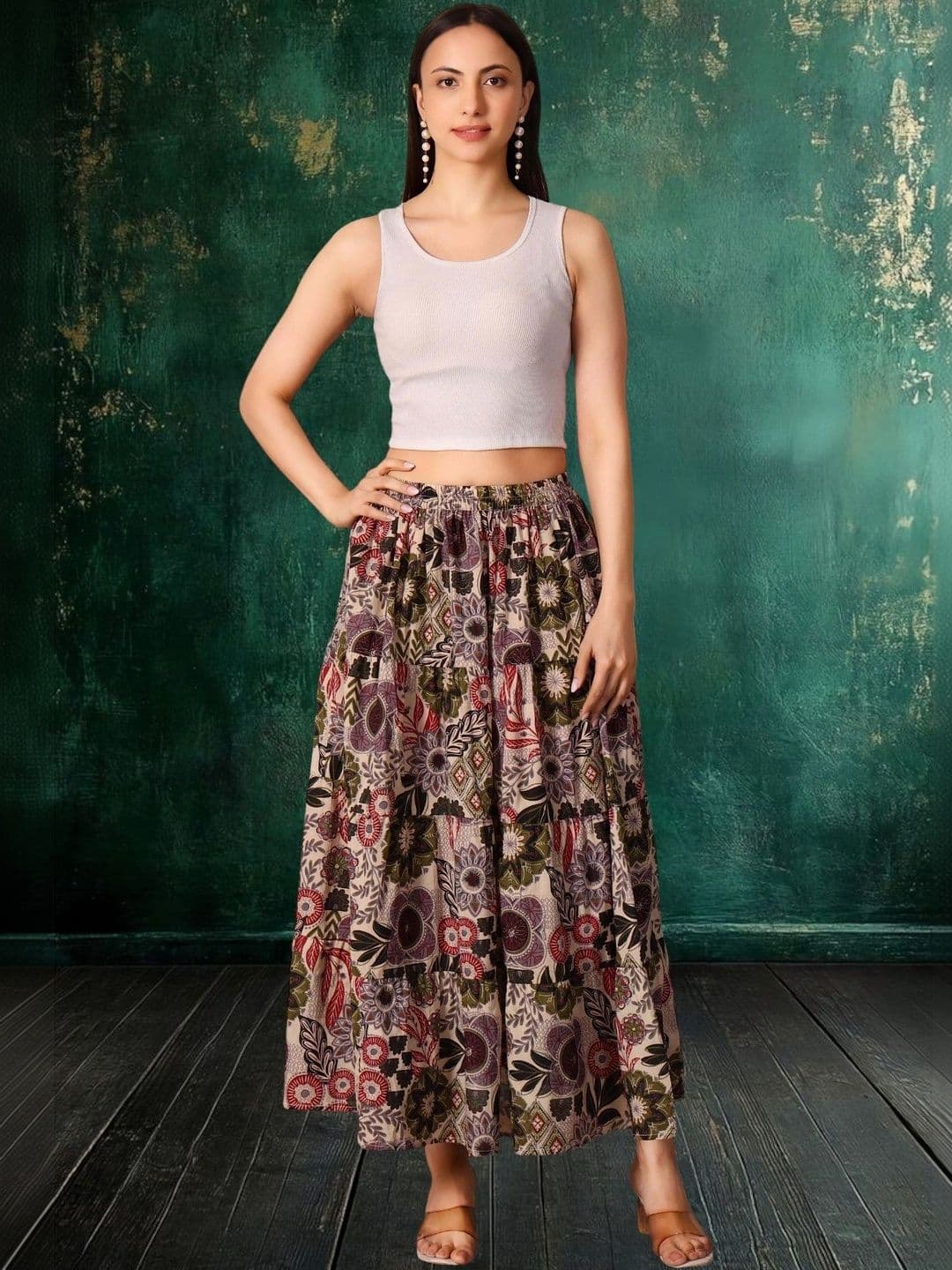 House of Sakhhi Women Pure Cotton Blend Floral Maxi Tiered Skirt thumbnail 5