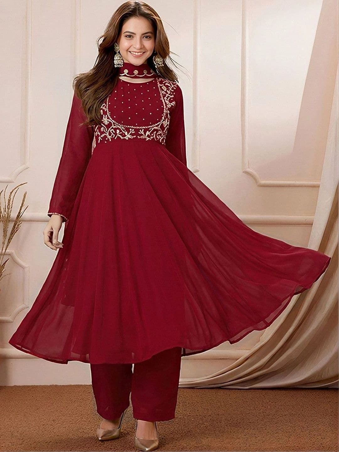 Anouk Women Embroidered Empire Thread Work Kurta with Palazzos & With Dupatta - view 1