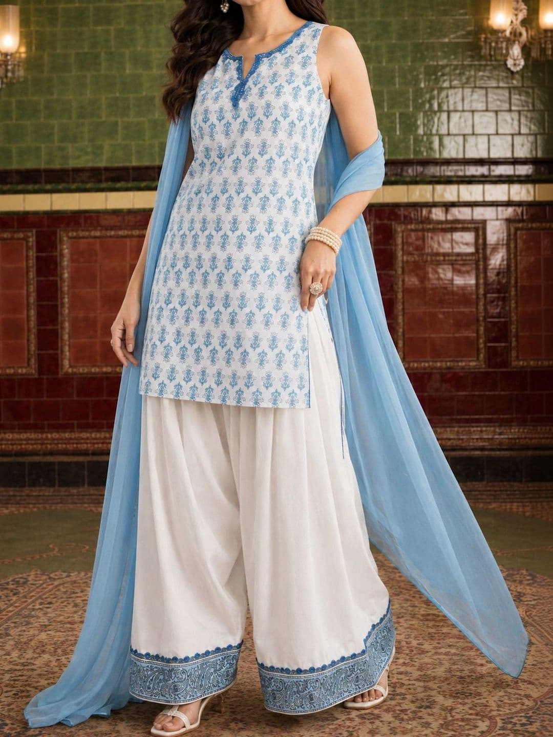 House of Pataudi Women Floral Printed Regular Pure Cotton Kurta with Farshi Salwar & With Dupatta thumbnail 6