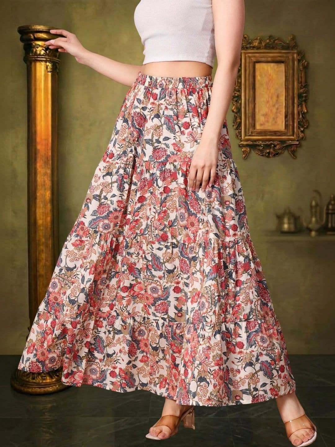 House of Sakhhi Women Pure Cotton Blend Floral Maxi Tiered Skirt thumbnail 2