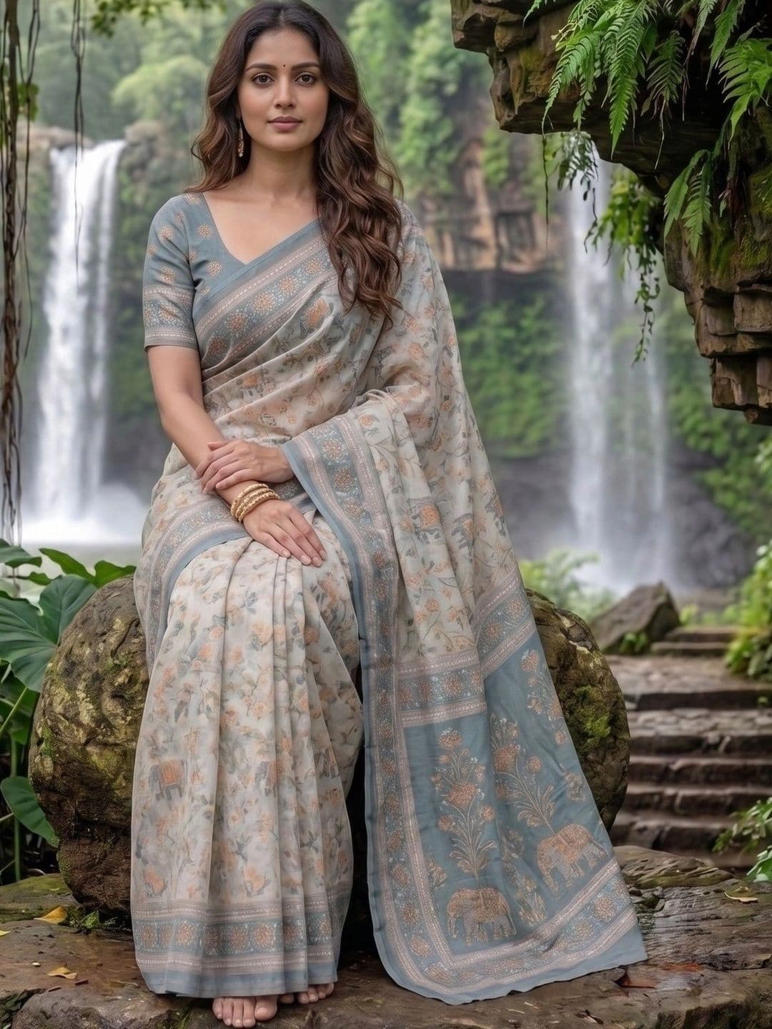 Eecoo Floral Zari Linen Blend Saree thumbnail 3