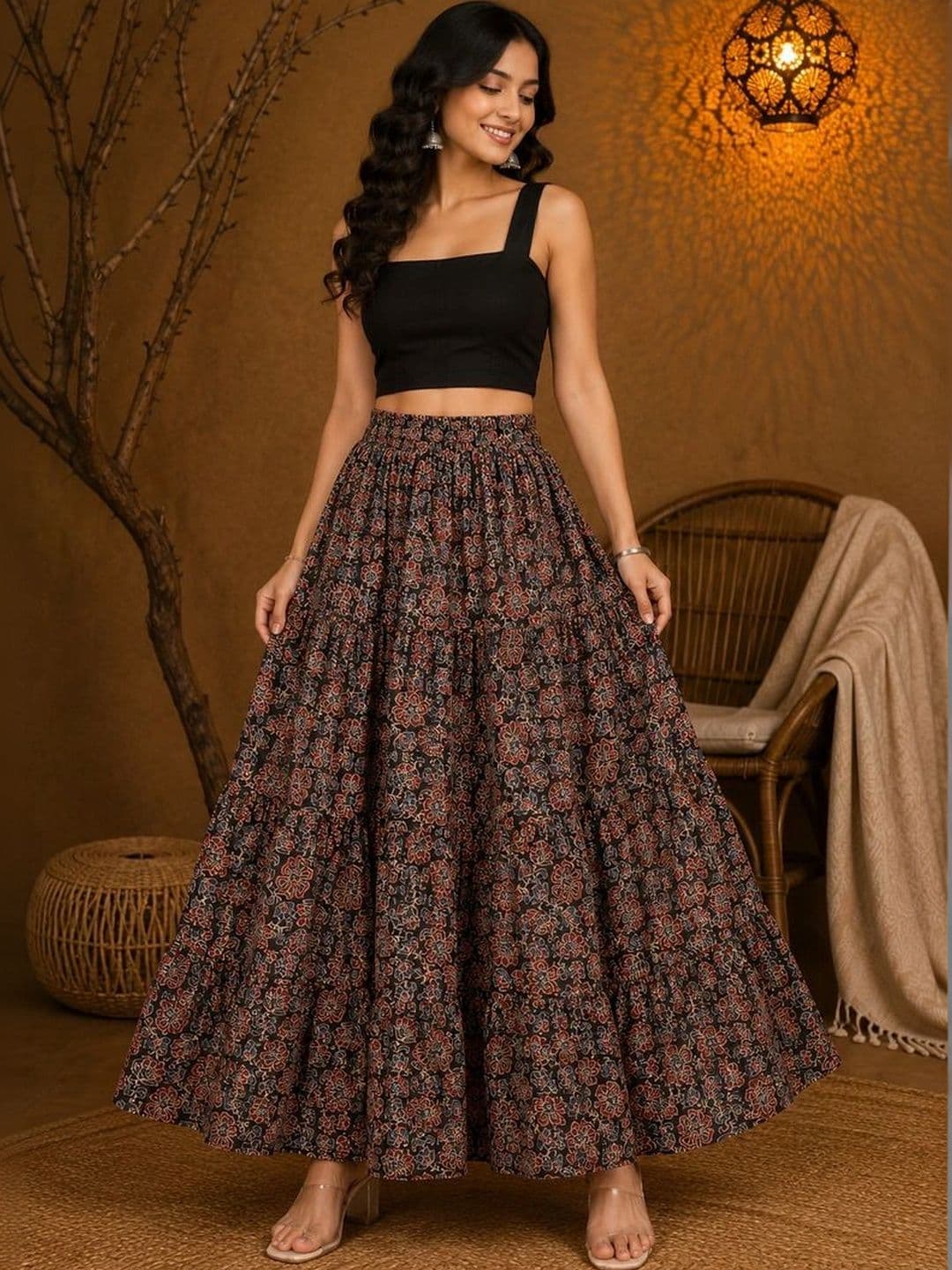 House of Sakhhi Women Pure Cotton Blend Floral Maxi Tiered Skirt - view 1