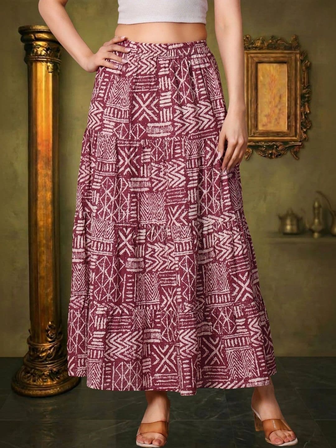 House of Sakhhi Women Pure Cotton Blend Geometric Tribal or Aztec Print Maxi Tiered Skirt thumbnail 2