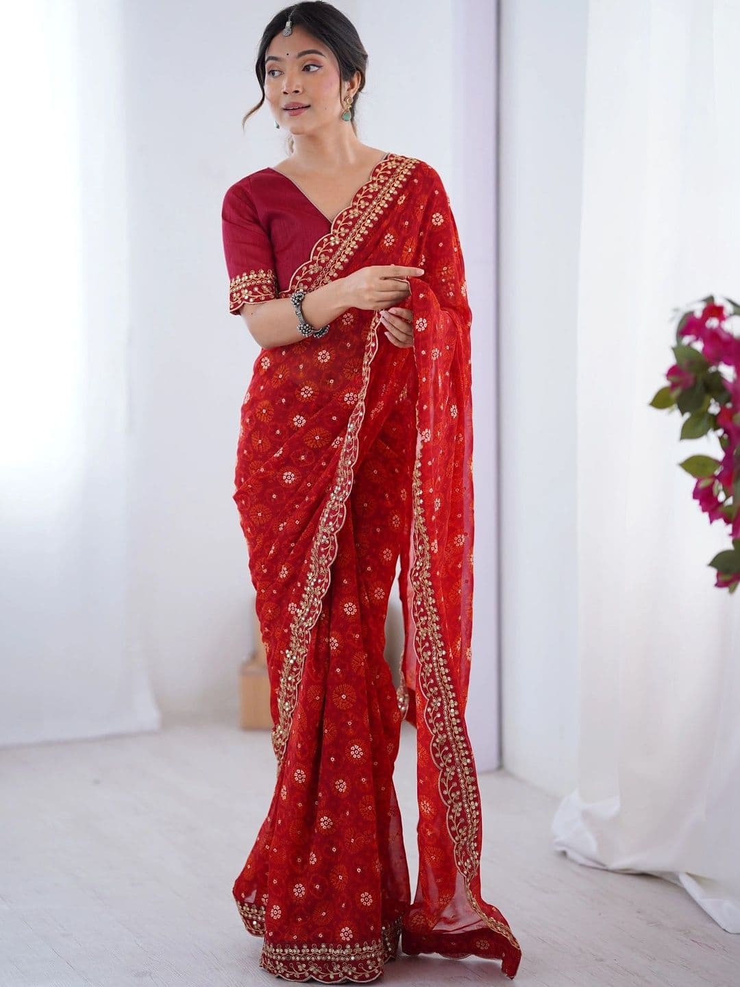 KALINI Floral Embroidered Pure Chiffon Saree thumbnail 6