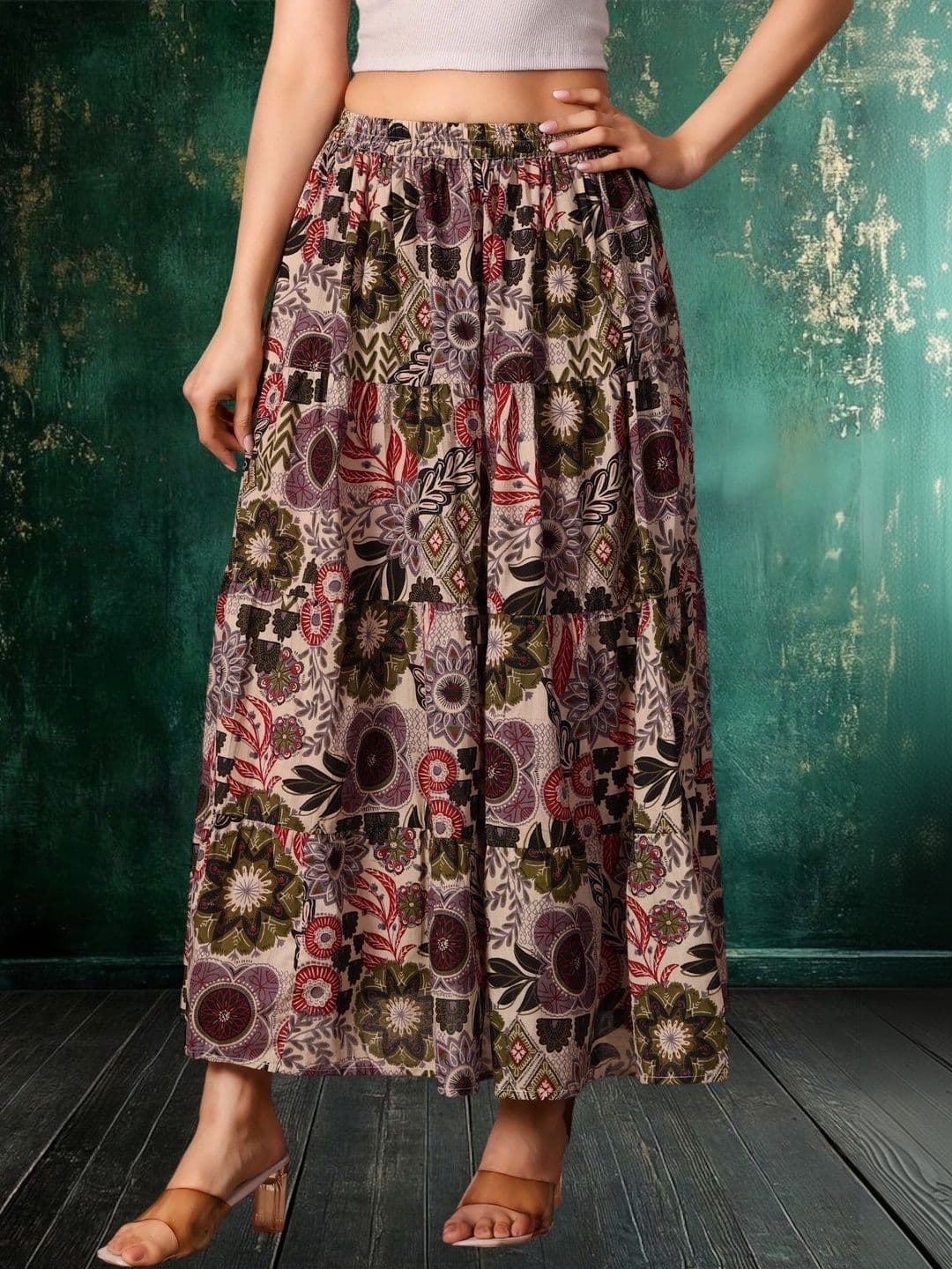 House of Sakhhi Women Pure Cotton Blend Floral Maxi Tiered Skirt - view 1