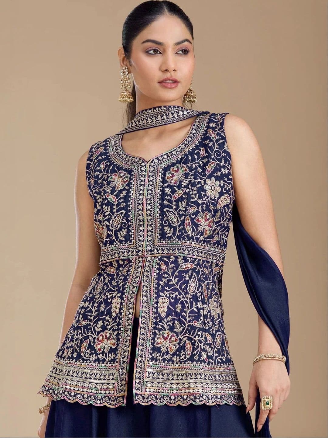 Sangria Women Floral Embroidered Empire Thread Work Kurti with Sharara & With Dupatta thumbnail 2