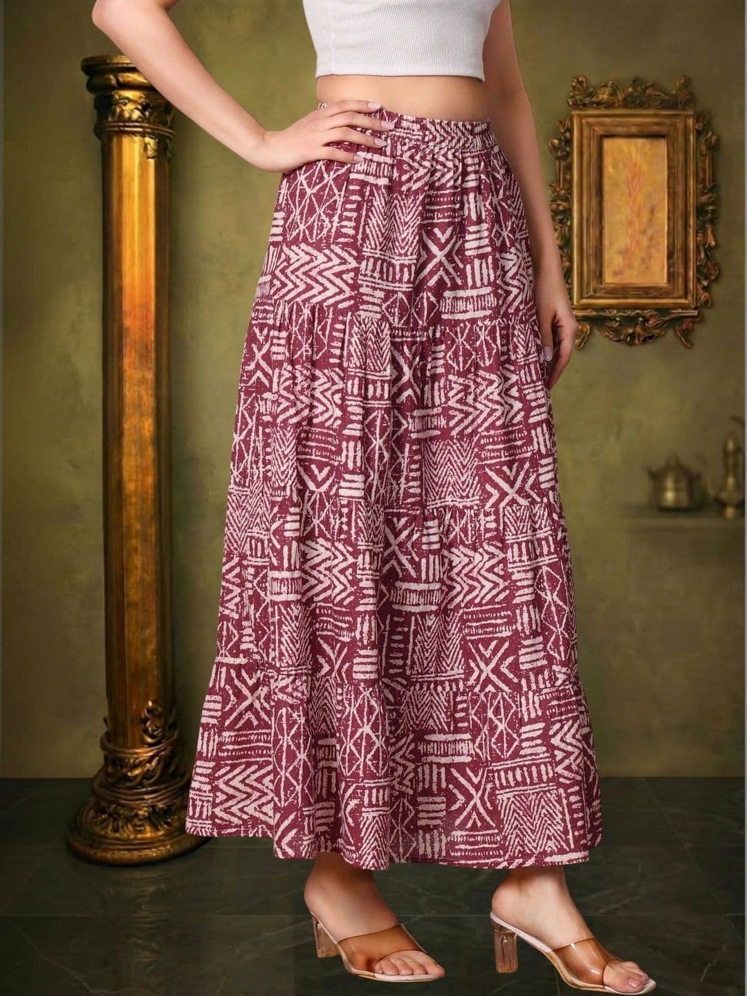 House of Sakhhi Women Pure Cotton Blend Geometric Maxi Tiered Skirt thumbnail 2