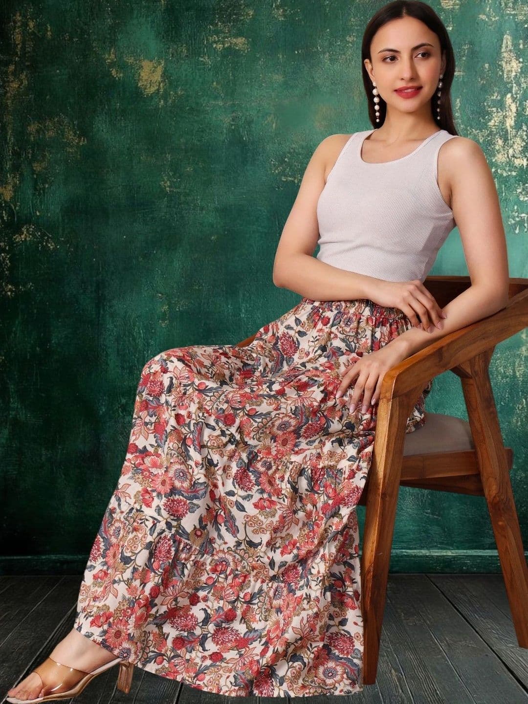 House of Sakhhi Women Pure Cotton Blend Floral Maxi Tiered Skirt thumbnail 2